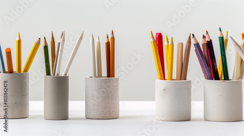 Wide shot capturing multiple pencil holders arranged in a row, showcasing various colors and arrangements against the white backdrop.