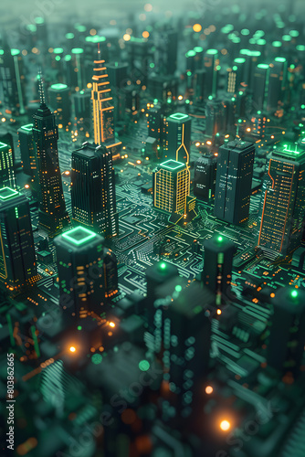 Glowing City: Circuit Board Buildings, Digital hi-tech hologram city map in green glowing light, AI Cyber Futuristic Technology Concepts.