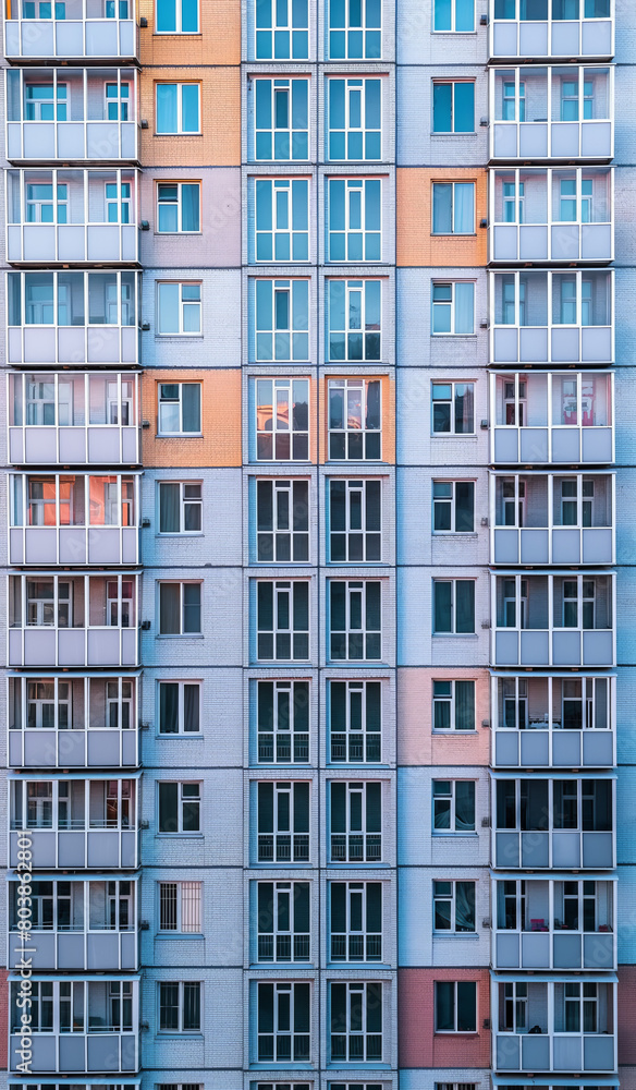 The image shows a tall residential building with many windows. The exterior of the building is painted in different colors, such as blue, yellow, and white. The image shows a tall residential building with many windows. The exterior of the building is painted in different colors, such as blue, yellow, and white.