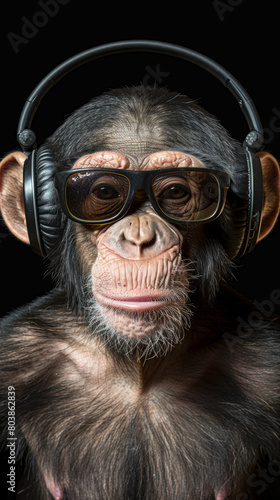 A monkey with headphones and sunglasses, black background.