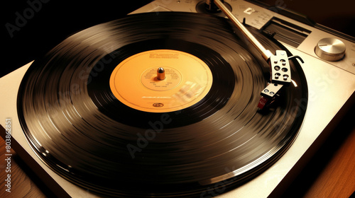 Close-up of a classic vinyl record spinning on a turntable, with the needle in the groove and soft ambient lighting enhancing the vintage feel