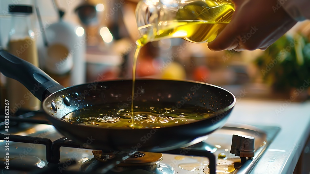 Pouring oil into a frying pan on a white stove, preparing to saut?(C) ingredients for a meal.