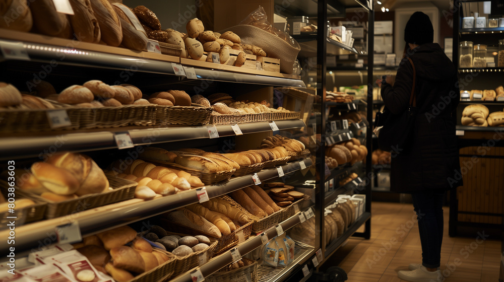 Freshly baked bread loaves adorn the shelves, looking beautiful. The food is both tasty and attractive. Delicious pastries are available in the bakery.