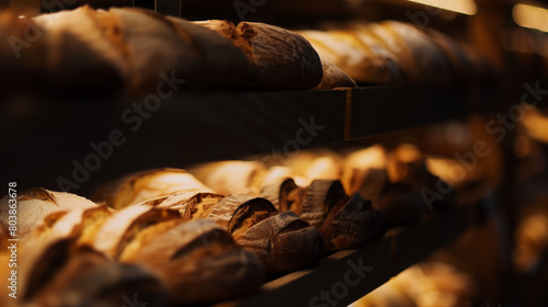Freshly made bread is beautifully displayed on the shelves. The food is tasty and appealing. There are delicious pastries in the bakery. photo