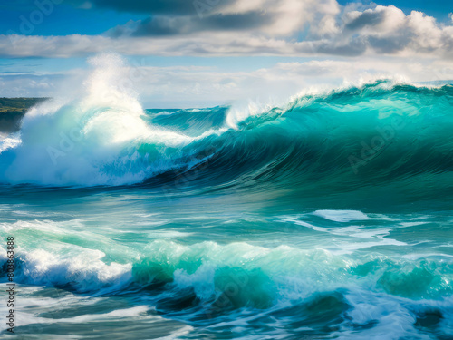 Blue sea waves crashing on a stormy day © Phanuphong