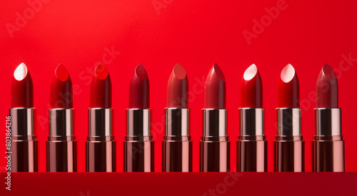 red lipsticks of various shades in a row. cosmetics background  banner.