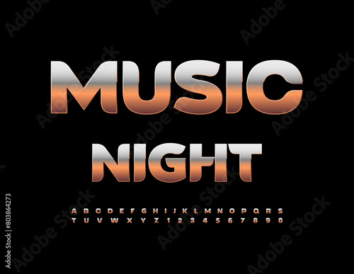 Vector trendy emblem Music Night. Modern Gold Font. Exclusive Cool Alphabet Letters, Numbers and Symbols set.