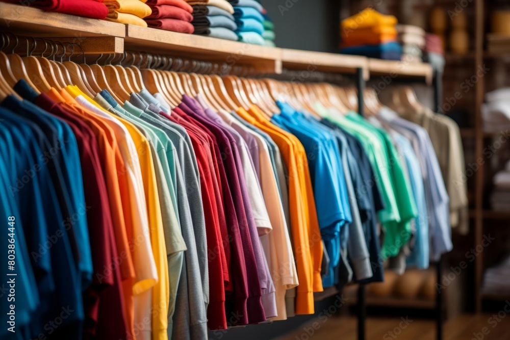 Fototapeta premium hangers in the clothing store, colored T-shirts and casual clothes. selective focus.