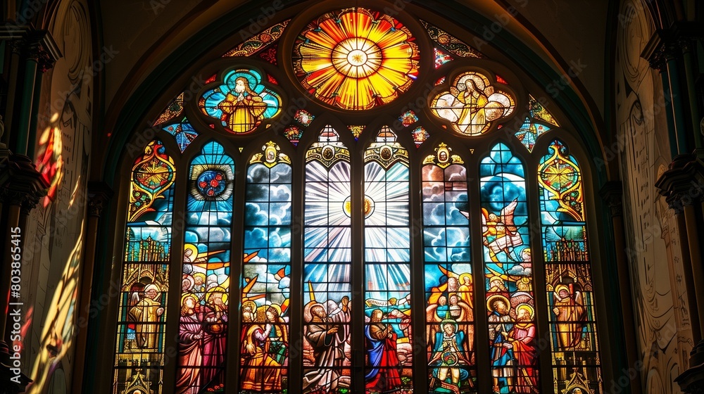 A stained glass window in a historic church depicting a mesmerizing celestial scene.