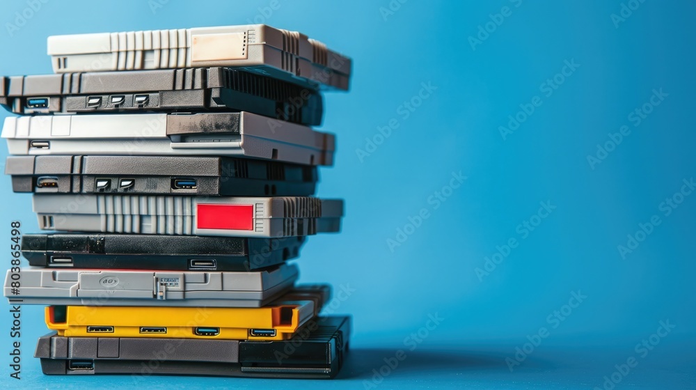A stack of retro game cartridges against an electric blue background.