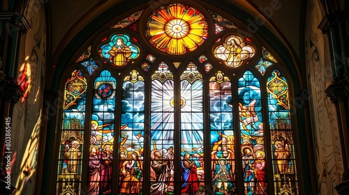 A stained glass window in a historic church depicting a mesmerizing celestial scene.