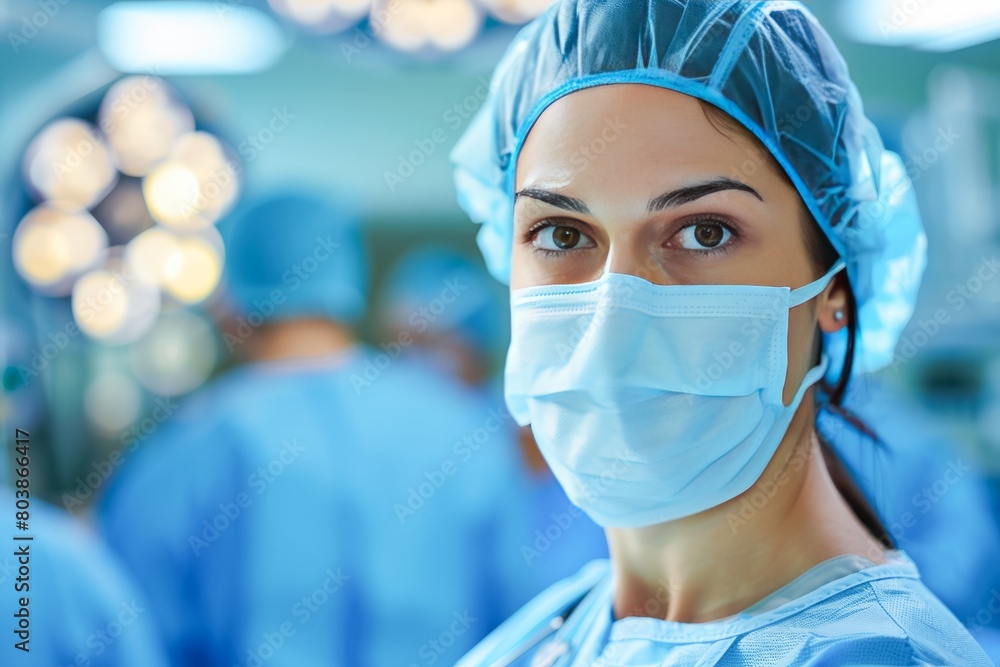 Female Surgeon in Scrubs Ready for Operation in a Hospital Operating Room Female Surgeon in Scrubs Ready for Operation in a Hospital Operating Room