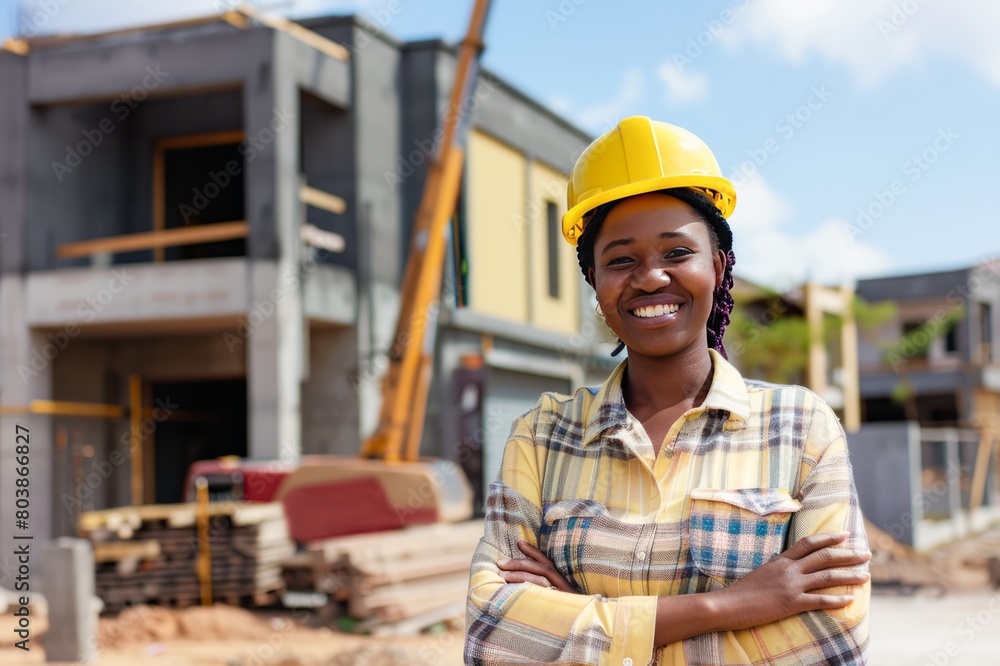 Smiling Female Construction Worker in Yellow Hard Hat at Building Site During Daytime Smiling Female Construction Worker in Yellow Hard Hat at Building Site During Daytime