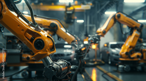A group of yellow robots are busy working on automotive parts at a factory, including motor vehicles, automotive lighting, hoods, tires, and other auto parts © Bogdan Pictures