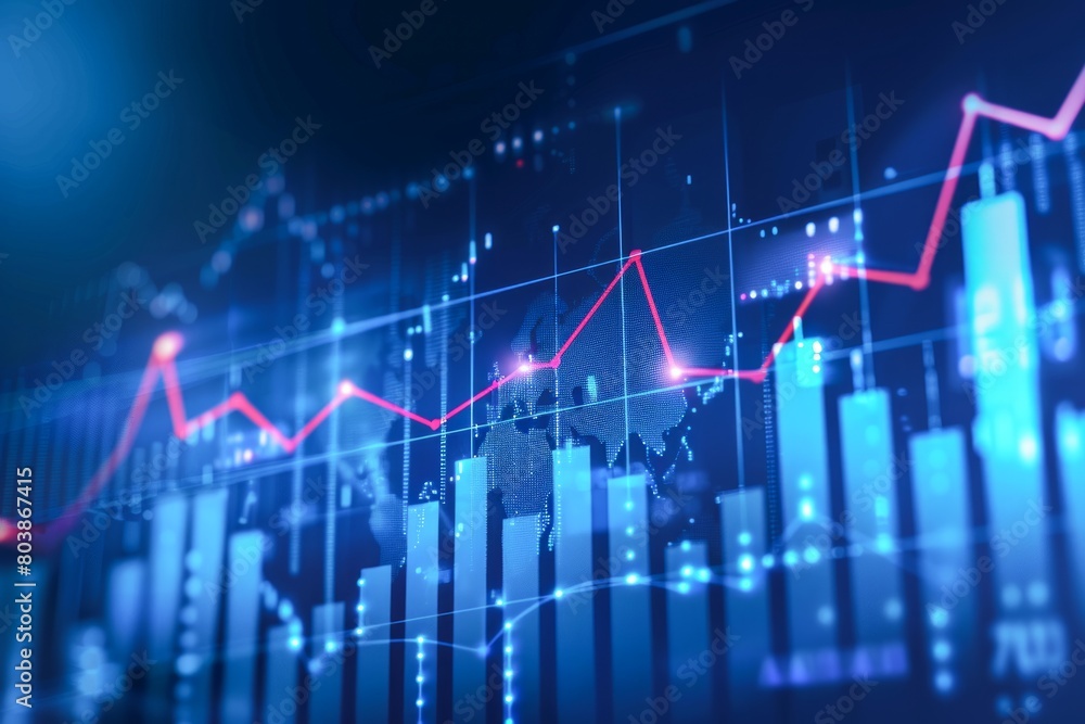 Abstract Financial Data Analysis Graphs and Charts Overlaying Cityscape at Night