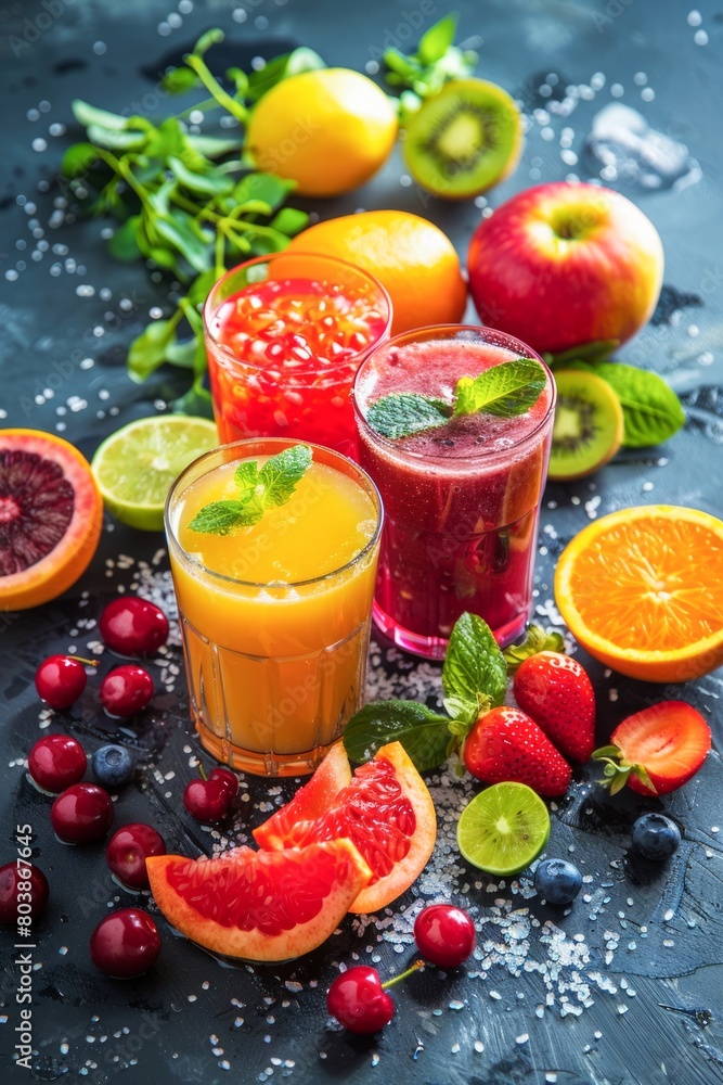 Assorted Fresh Fruit Juices Served With Citrus Slices and Berries on a Dark Surface Assorted Fresh Fruit Juices Served With Citrus Slices and Berries on a Dark Surface