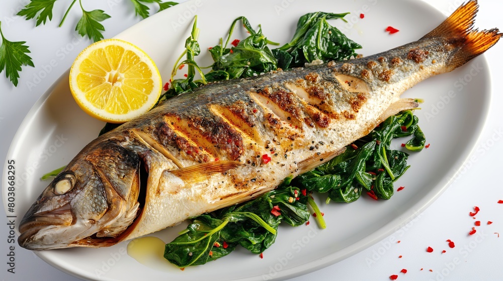 A white plate holds a complete fish alongside lemon slices and spinach, viewed from above against a tidy background, producing a natural-looking photo with ample lighting. A white plate holds a complete fish alongside lemon slices and spinach, viewed from above against a tidy background, producing a natural-looking photo with ample lighting.