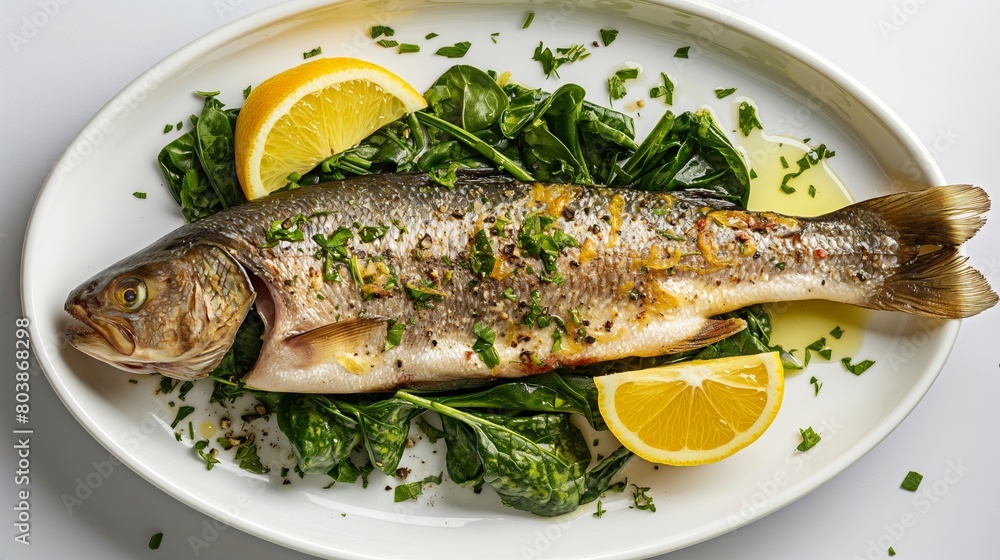 A whole fish with lemon and spinach on the side, placed in an oval white plate, captured from above against a clean background, creating a realistic photograph with natural lighting.
A whole fish with lemon and spinach on the side, placed in an oval white plate, captured from above against a clean background, creating a realistic photograph with natural lighting.