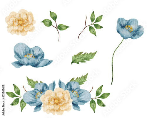 Blue Vintage Watercolor Anemone Flower