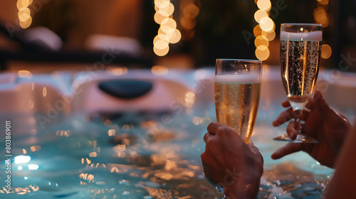 Close up of a couple clinking champagne glasses while sitting in a jacuzzi, a romantic scene, with a blurred background photo