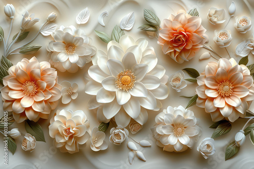 3D carved dahlia flowers wall mural  white background  4 big beige and orange colored d intrusive peony flowers in the center of composition  white background. Created with Ai