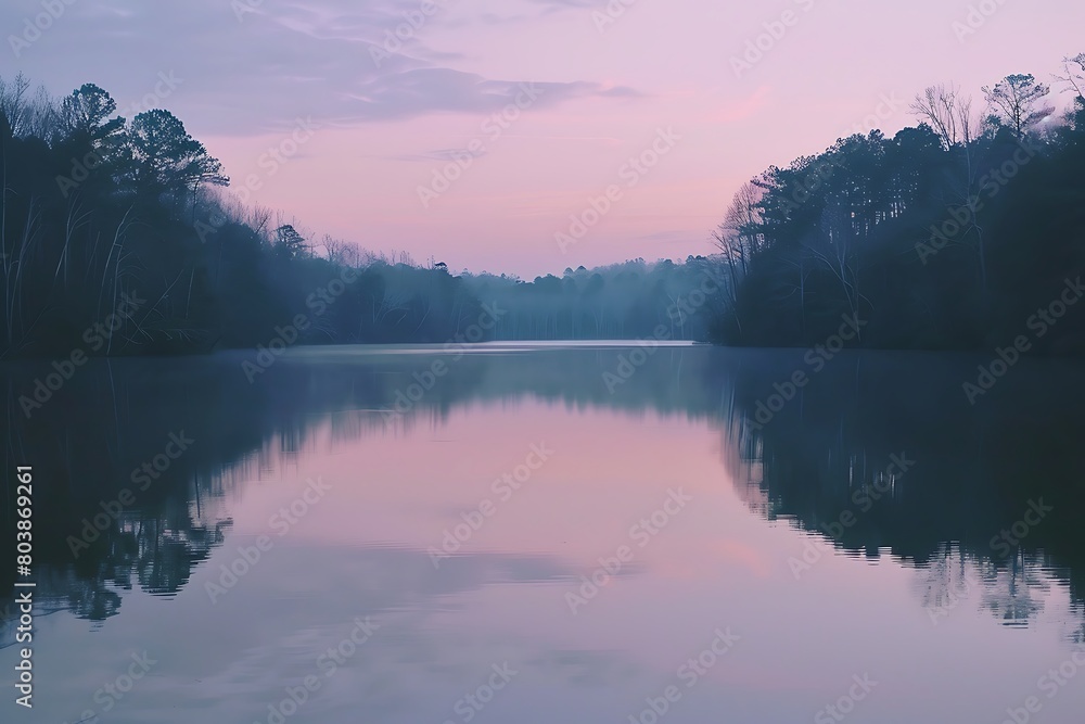 A calm lake reflecting the pastel colors of dusk.