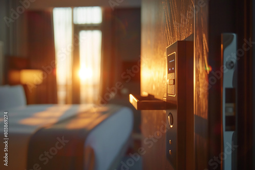 close up hotel room door with digital keycard lock, blurred background of modern bedroom interior, sunlight and warm color tone, hotel concept photo