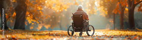 Senior woman in an electric wheelchair with smart features on a walk in the park green and sunny futuristic landscape photo
