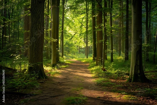 A forest path dappled with sunlight filtering through leaves.