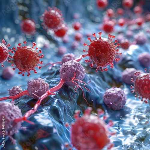 This is an image of a virus attacking a human cell. The virus is red and the cell is blue. The virus is attacking the cell in order to infect it and replicate.