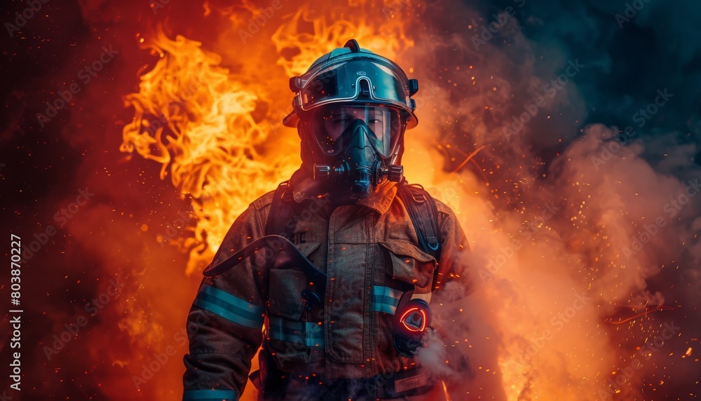 Firefighter in protective gear standing in front of a blazing fire