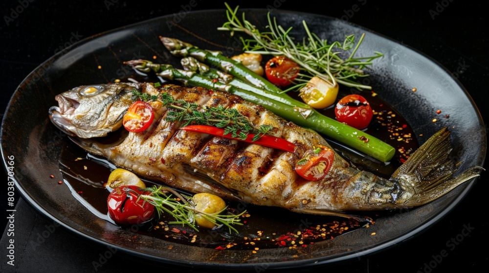 Whole grilled fish with beans, spices on a metal plate - Food photography Whole grilled fish with beans, spices on a metal plate - Food photography