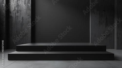 A sleek, black podium, with a modern design, set against a backdrop of a minimalist, black room.