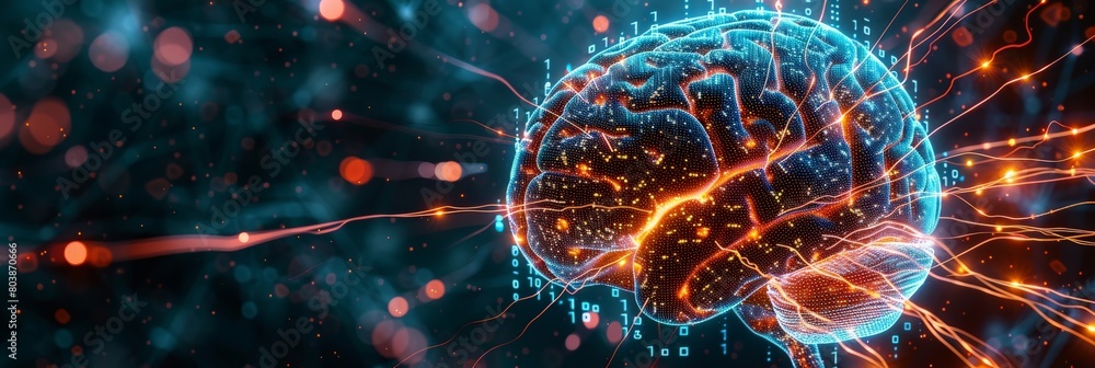 The image shows a glowing blue and orange brain with a lot of connections The image shows a glowing blue and orange brain with a lot of connections