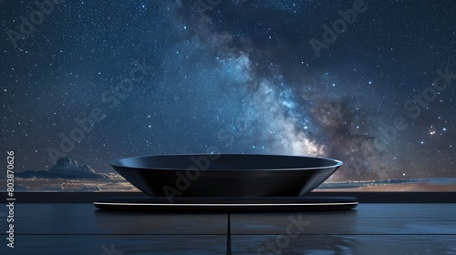 A sleek, black podium, with a futuristic design, set against a backdrop of a starry night sky.