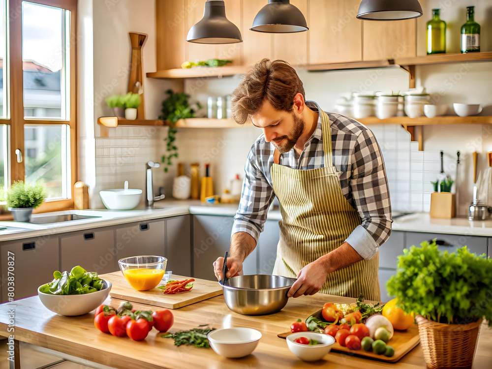 Handsome man cooking at home preparing salad in kitchen. Handsome man cooking at home preparing salad in kitchen.