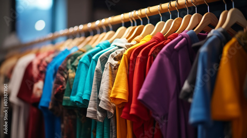 close up a collection of Multicolored Casual T Shirts on Wooden Hangers in Clothing Rack Rainbow Colors T-Shirts Ai Generated