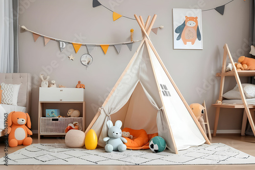 Cozy kids room interior with play tent and toys photo