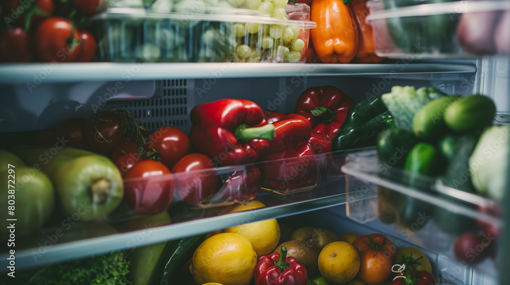 The refrigerator is stocked with an abundance of natural foods, including green bell peppers, red bell peppers, yellow peppers, and various other fruits and vegetables