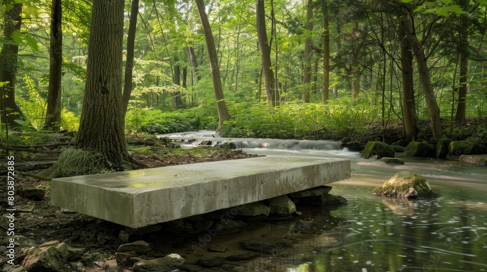 A simple, yet elegant podium, made of natural stone, set against a backdrop of a serene, forest stream. A simple, yet elegant podium, made of natural stone, set against a backdrop of a serene, forest stream.