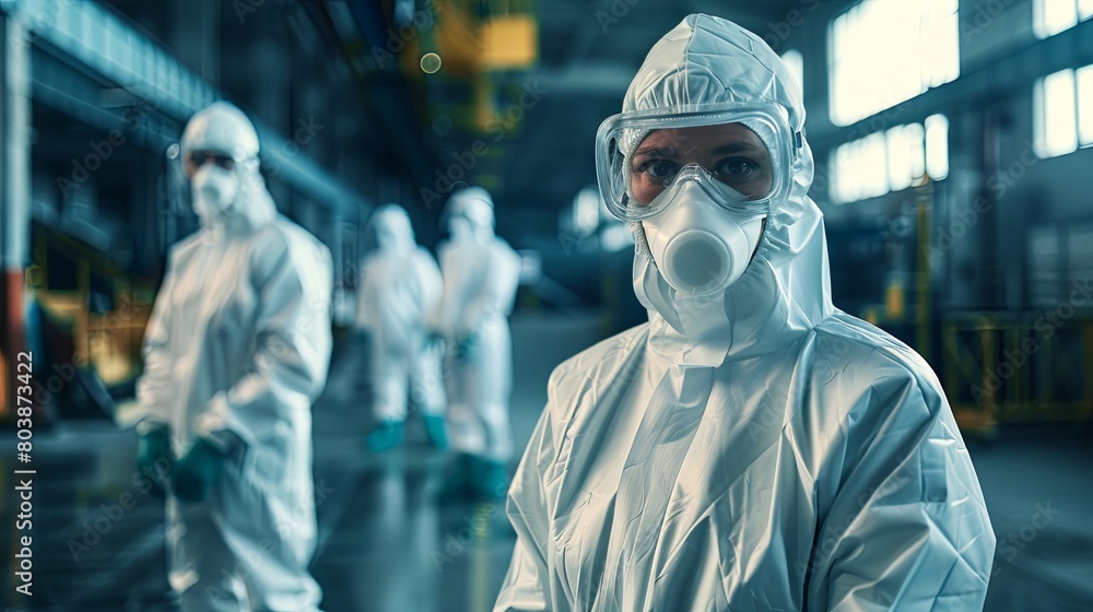 Scientists in protective suits at a research facility Scientists in protective suits at a research facility