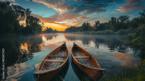 Beautiful river in the middle of the countryside, wooden canoes on the river, beautiful morning sky #803873421