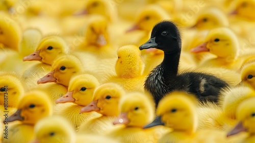 Unique black duckling among yellow ducklings showcases diversity
