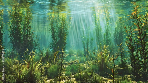 Sunlight filtering through aquatic plants in a serene underwater landscape
