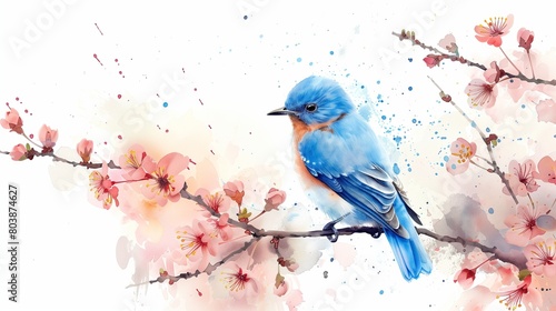 A serene watercolor splash art of a bluebird perched on a blossoming cherry branch, isolated on a white background, symbolizing hope and happiness.