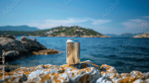 bottle on the beach, Tall silver beer can, closeup. Space for design, drink can on rocks and cliff, blue sky photo