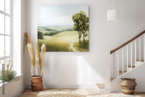 A serene landscape painting depicting a peaceful countryside scene hanging elegantly on a white interior wall. photo
