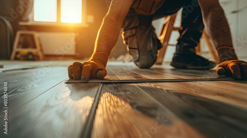 Craftsman installing laminate flooring in a sunlit room