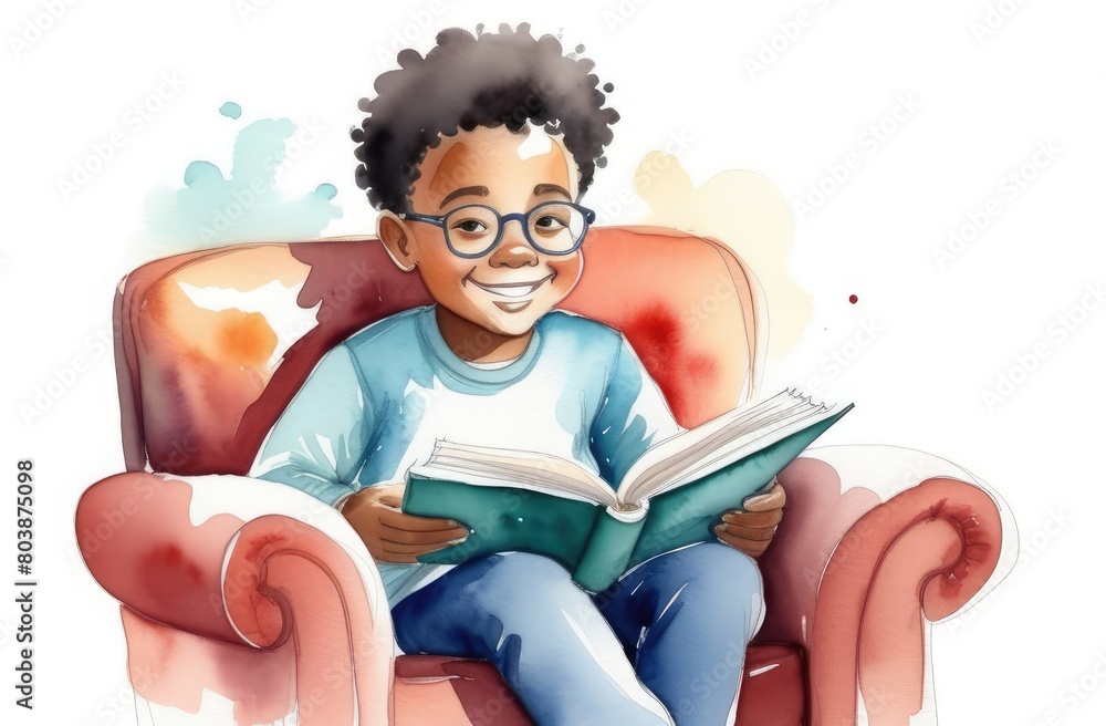 black boy reading interesting book in armchair, watercolor illustration. children education black boy reading interesting book in armchair, watercolor illustration. children education