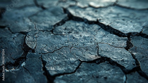 A closeup of cracked earth under the sun  symbolizing dryness and desolation. The texture is dark blue with cracks visible in it.